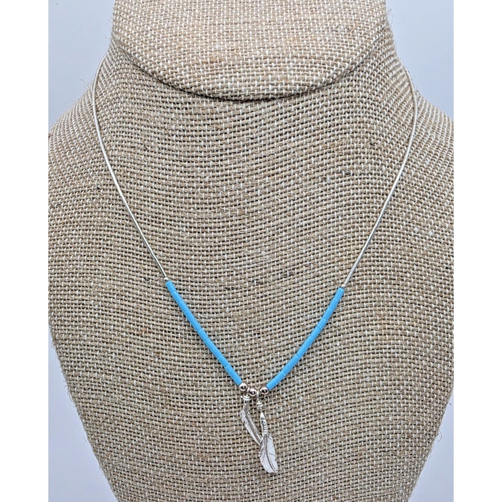 Sleeping Beauty Turquoise Heishi Liquid‎ Silver Necklace Feather Pendants 15.5"